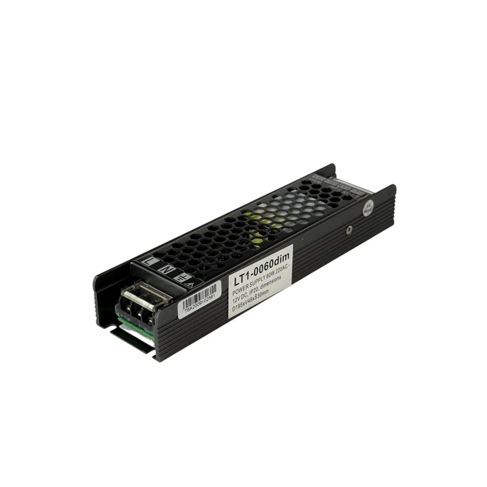 Ulazne šrafne stezaljke L, N i uzemljenje pod providnim poklopcem na crnom napajanju LT1-0060dim od 60 W