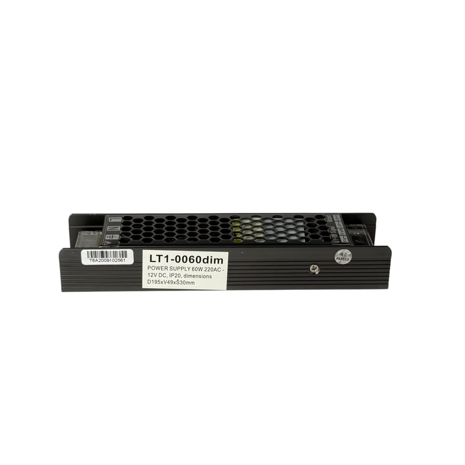 Dimabilno napajanje 12V 60W LT1-0060dim, bočna strana sa nalepnicom modela, IP20 i merama 195 × 49 × 30 mm