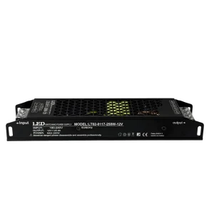 LED napajanje 12V 250W LT02-0117 spreda: crno kućište sa nalepnicom MAX 250W i 12V 20,8A i ušicama na oba kraja