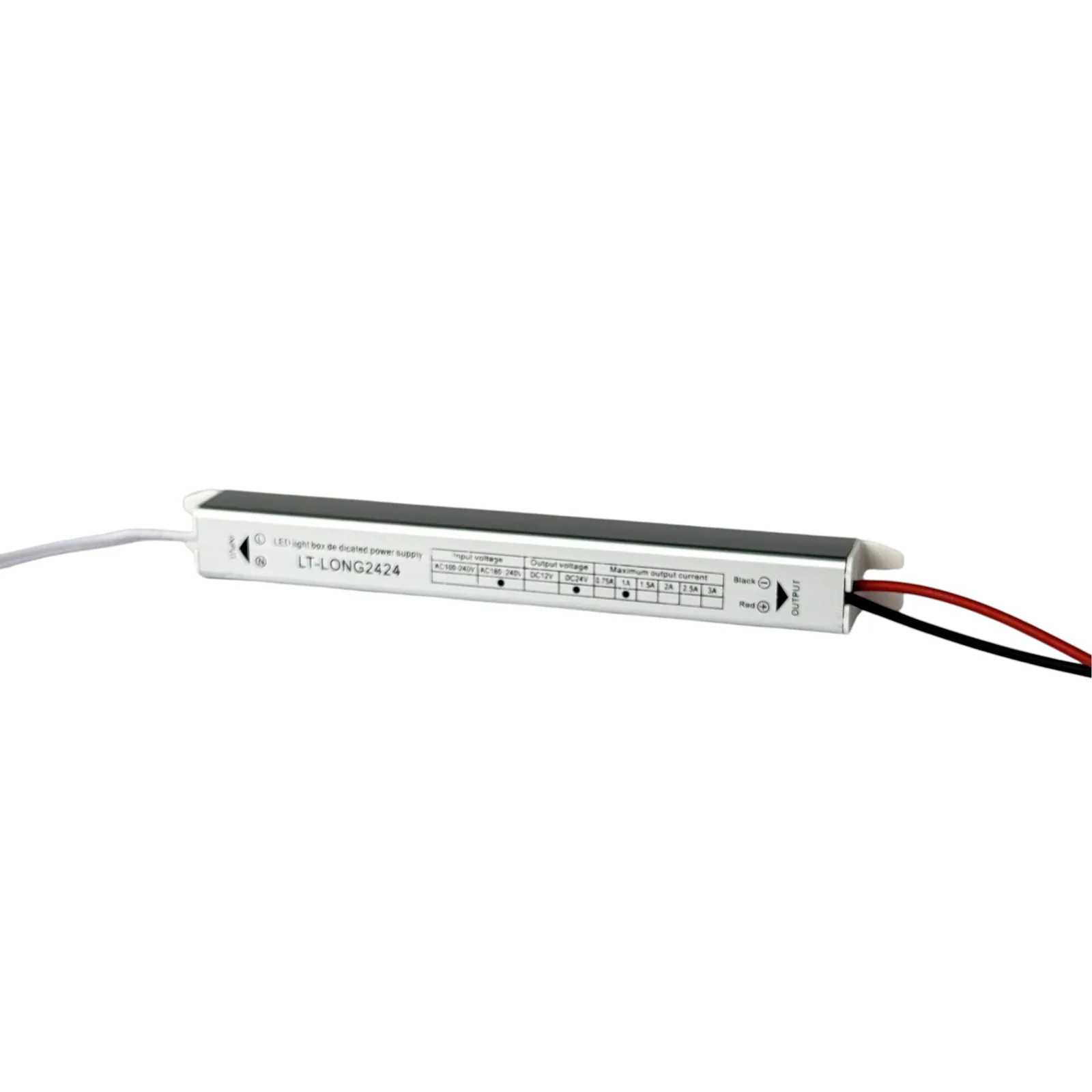 LED napajanje 24V 24W LT-LONG2424 ukoso, nalepnica sa obeleženim AC 180–240 V, DC 24 V i 1 A, bele ulazne i crvena i crna izlazna žica