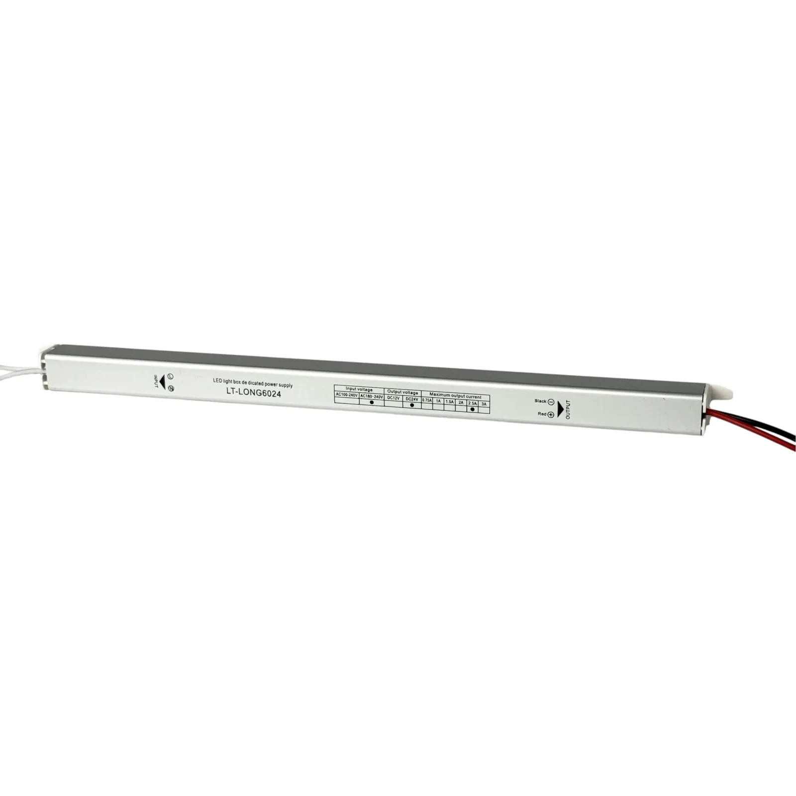 Slim napajanje 24V 60W LT-LONG6024 spreda, nalepnica sa tačkama kod 24 V i 2,5 A
