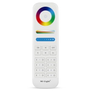 Beli daljinski FUT089 spreda: prsten boja, klizači za belu i jačinu, tasteri ON, W, OFF, S−, M, S+ i osam tastera zona, natpis Mi·Light