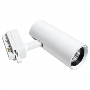 Beli šinski reflektor GU10: mat bela cev na ravnom kraku i beli adapter za monofaznu šinu sa mesinganim kontaktima