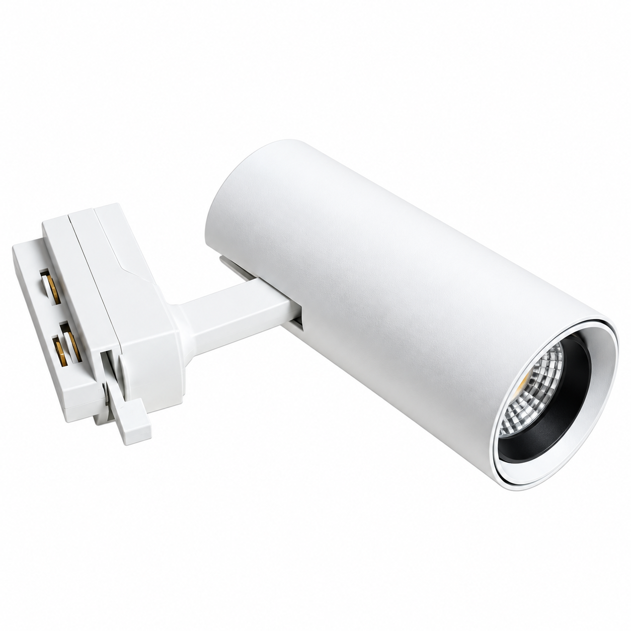 Beli šinski reflektor GU10: mat bela cev na ravnom kraku i beli adapter za monofaznu šinu sa mesinganim kontaktima