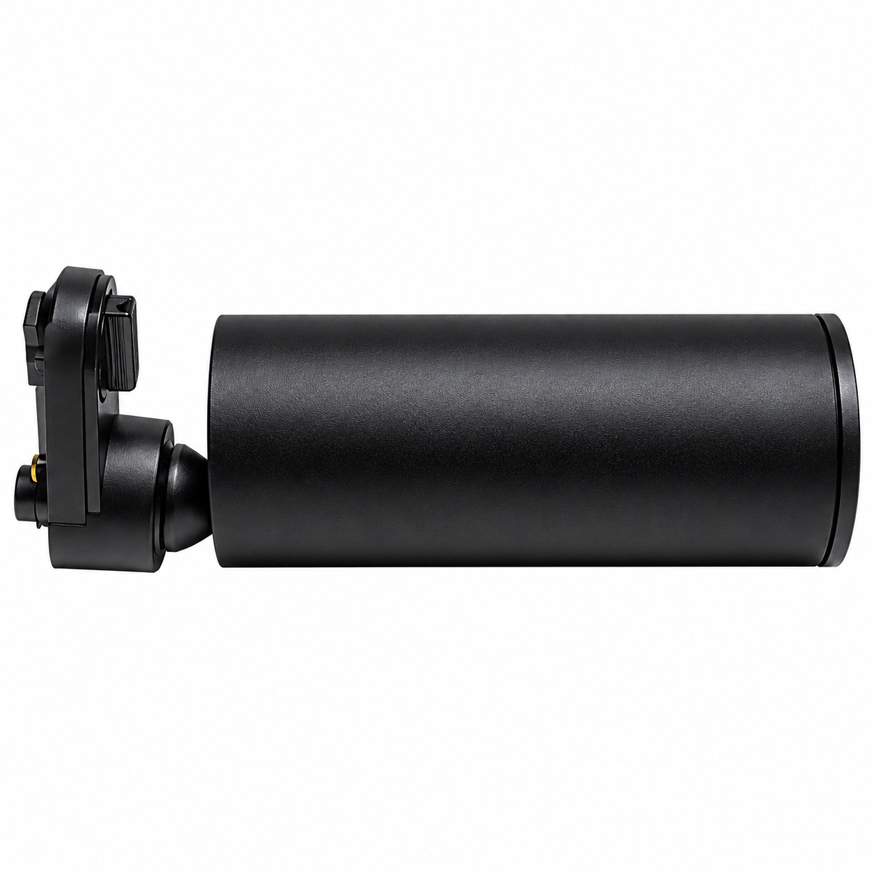 Bočni profil crne GU10 cevi od 110 mm: zadnji kraj naslonjen na uspravan adapter sa narebrenom ručicom i mesinganim kontaktom