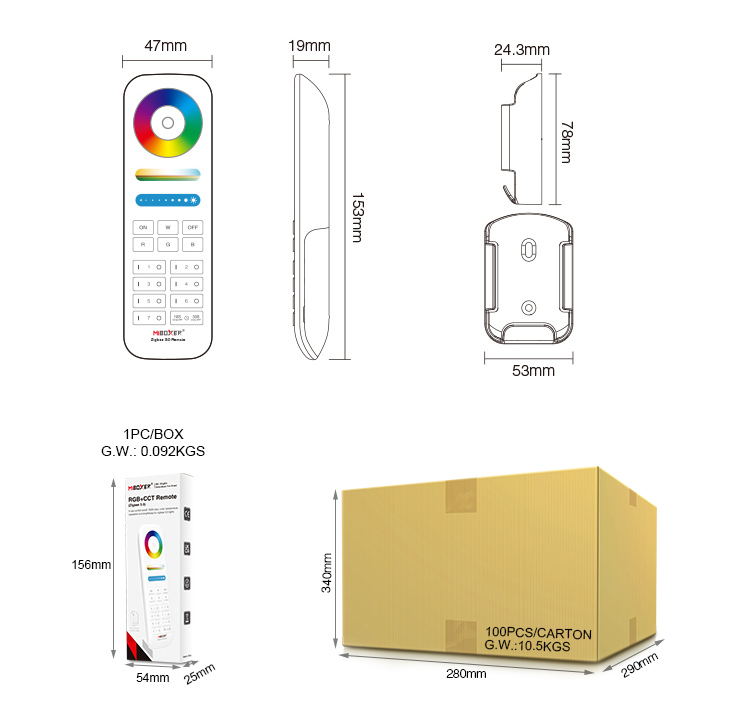 Crtež mera osmozonskog daljinskog 47 × 19 × 153 mm i držača, uz kutiju i karton izvedbe Zigbee 3.0