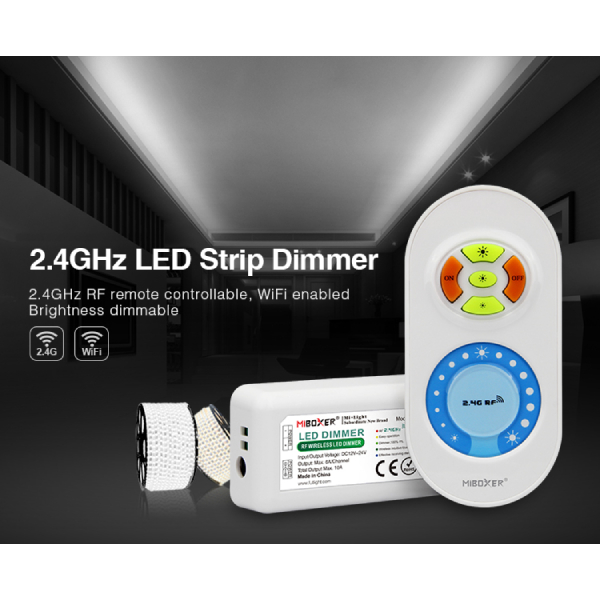 Grafika 2.4GHz LED Strip Dimmer: kontroler i daljinski FUT021 ispred tamnog hodnika sa belom linijom svetla u plafonu