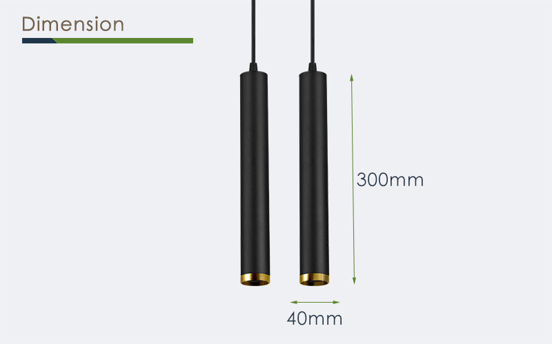 Skica mera viseće LED tube LTYZ2510DX u crnoj izvedbi sa oznakama visine 300 mm i prečnika 40 mm