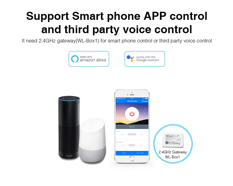 Telefon sa aplikacijom, zvučnici Amazon Echo i Google Home i gateway WL-Box1 za upravljanje kontrolerom FUT035