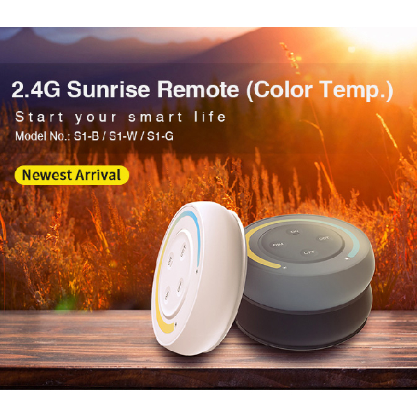 Beli i sivi daljinski serije Sunrise S1 na drvenoj ploči, uz natpis 2.4G Sunrise Remote (Color Temp.) i modele S1-B, S1-W i S1-G