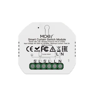 Pametni modul za zavese MOES spreda, sa natpisom Smart Curtain Switch Module, MS-108, Wi-Fi 2.4GHz, Total 2A i šemom motora zavese na klemama S2, izlaz 2, S1, izlaz 1, L i N