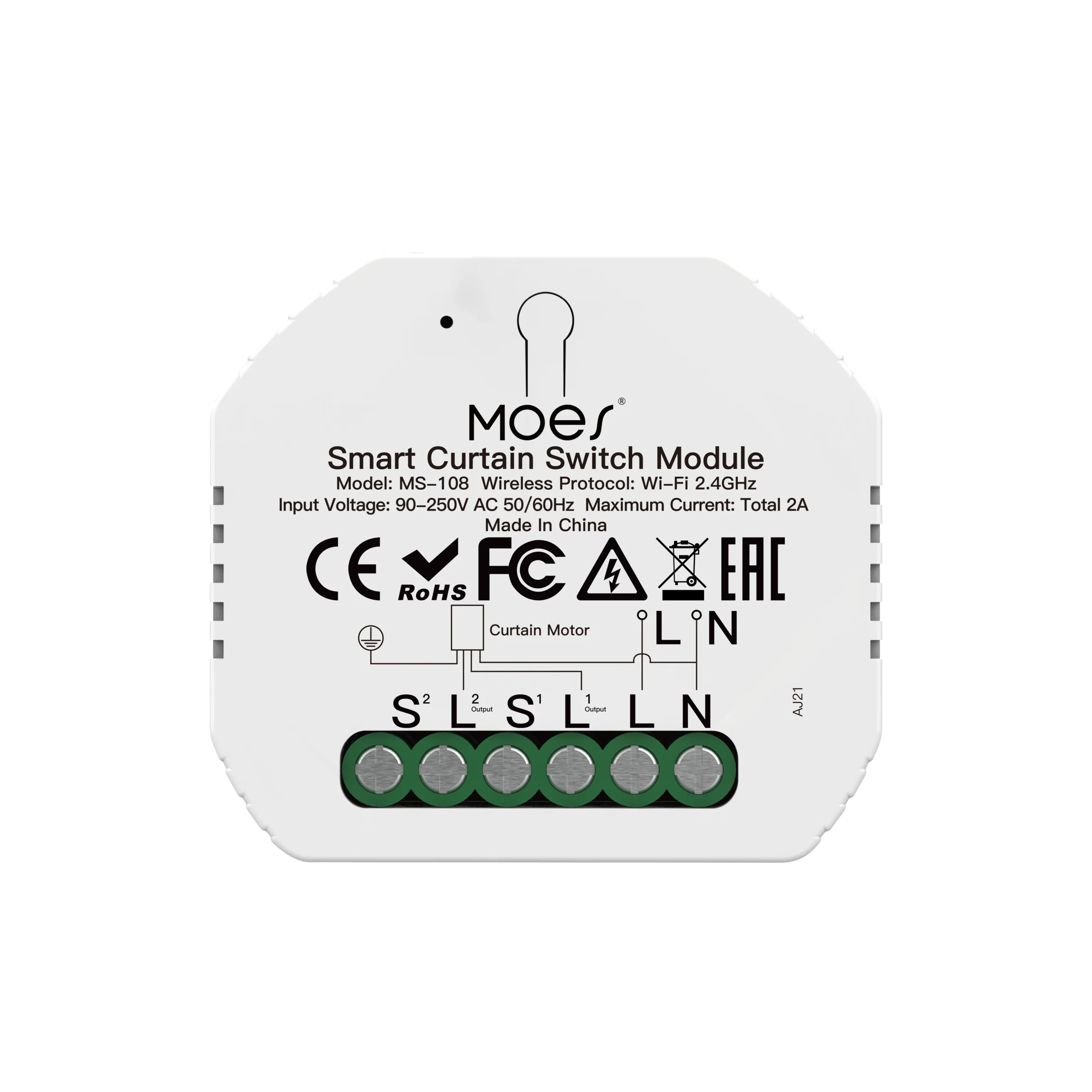 Pametni modul za zavese MOES spreda, sa natpisom Smart Curtain Switch Module, MS-108, Wi-Fi 2.4GHz, Total 2A i šemom motora zavese na klemama S2, izlaz 2, S1, izlaz 1, L i N