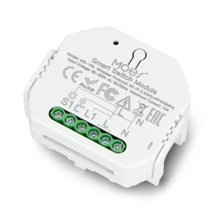 WiFi modul 2 kanala MOES MS-104BZR; na fotografiji je beli jednokanalni MS-104 sa natpisom Wi-Fi 2.4GHz+RF433MHz, 90–250V AC i 10A i zelenom klemom S1, L, L1, L, N