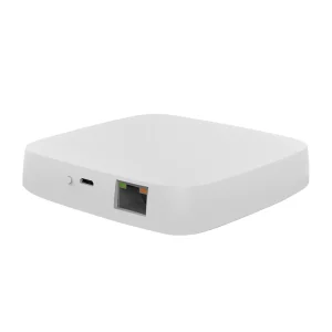 Žični Zigbee gateway MOES ZHUB-MS, beli plosnati uređaj sa dugmetom, mikro USB i LAN priključkom na prednjoj strani