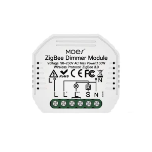 Zigbee dimer modul MOES ZM-105-Z, prednja strana sa oznakama ZigBee 3.0 i 150 W, šemom povezivanja i klemama L, L1, L OUT, S i N