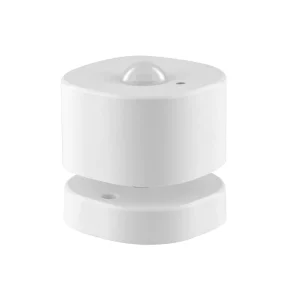 Beli Zigbee PIR senzor MOES ZSS-X-PIRL-C sa malom providnom kupolom sočiva na čeonoj strani, podignut iznad postolja sa rupom za šraf