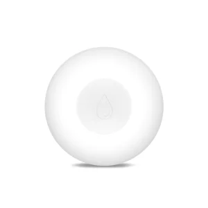 Zigbee senzor curenja vode MOES ZSS-WL, belo okruglo kućište sa utisnutom ikonicom kapi vode