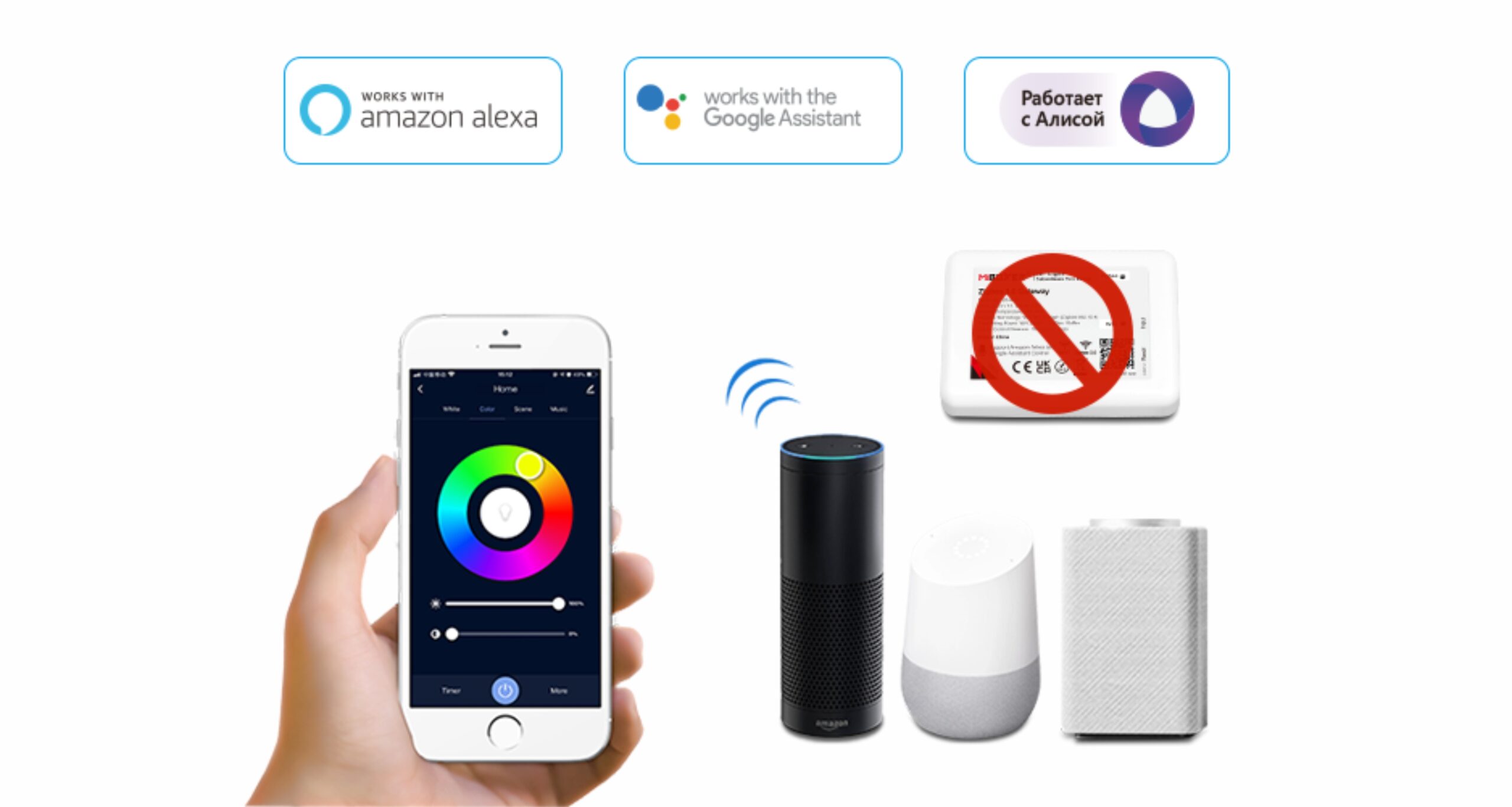 Telefon sa točkom boja u aplikaciji, logotipi Alexa i Google Assistant, tri pametna zvučnika i precrtan gateway