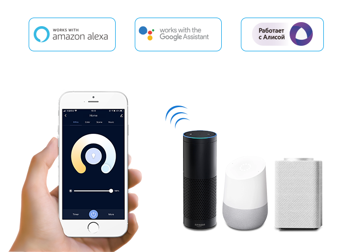 Logotipi Amazon Alexa i Google Assistant, telefon sa aplikacijom za podešavanje bele svetlosti i tri pametna zvučnika