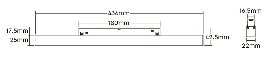Crtež sa merama: dužina 436 mm, magnetni adapter 180 mm, visina 42,5 mm i širina 22 mm