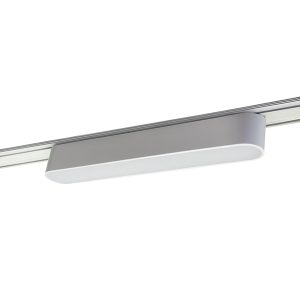 Bela linearna svetiljka 12W 24V, izduženo telo sa mlečnim difuzorom duž donje ivice, ispod bele Slim šine