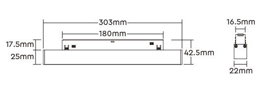 Kotirani crtež linearne svetiljke: 303 mm dužine, adapter 180 mm, visina 42,5 mm, širina 22 mm