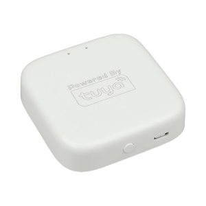 Tuya gateway za magnetnu šinu LTYZ25-DG, bela četvrtasta kutija sa natpisom Powered by tuya, dugmetom i mikro USB priključkom