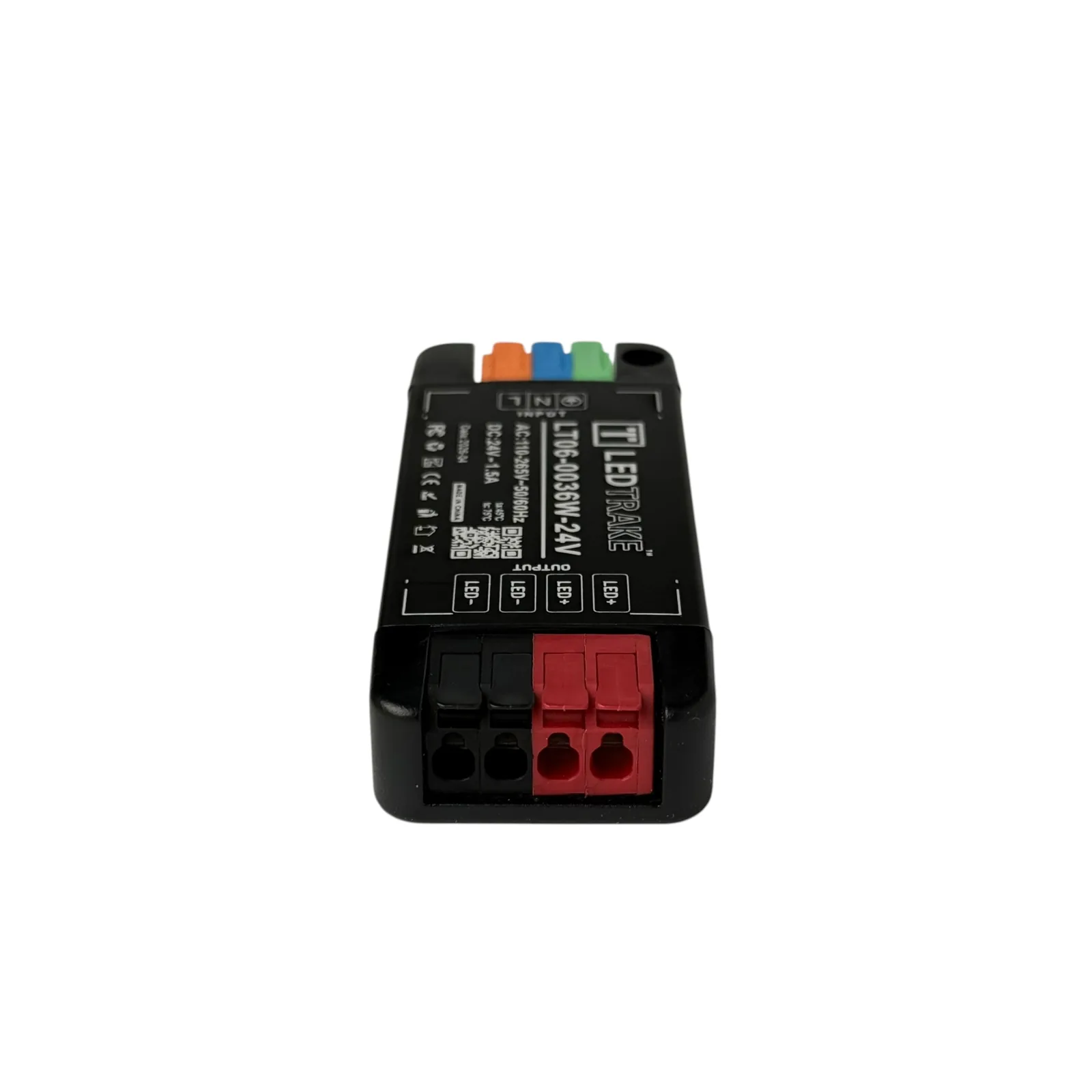 Pogled odozgo niz model od 36 W do čela sa dve crne i dve crvene stezaljke za traku od 24 V