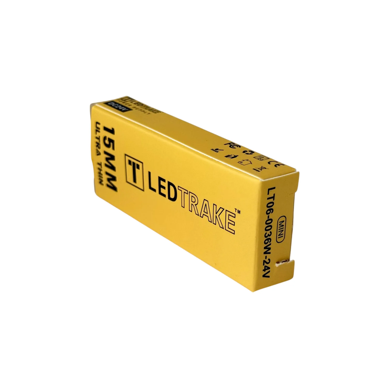 Žuta kutija napajanja LT06-0036W-24V sa natpisima LEDTRAKE, MINI i 15MM ULTRA THIN