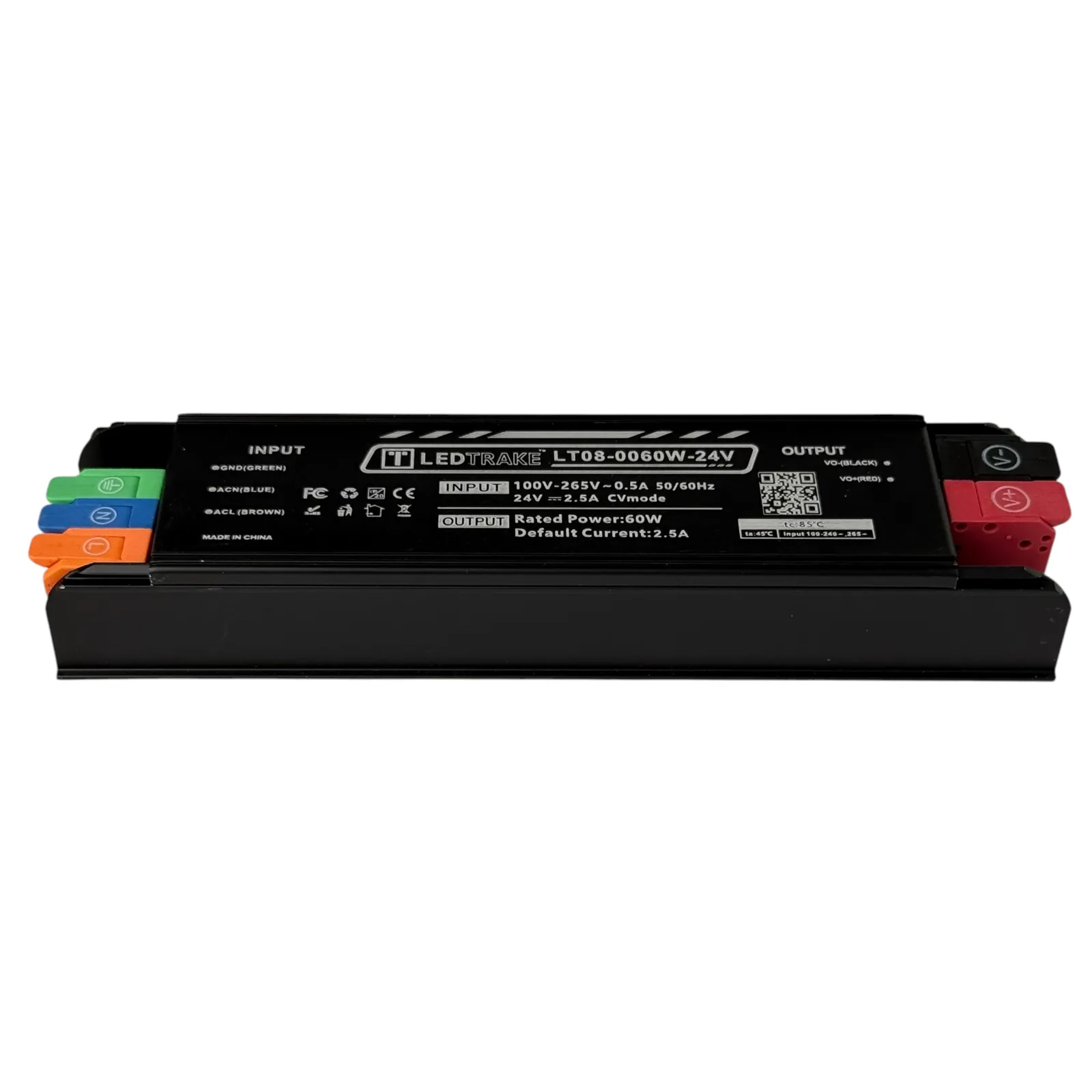 Napajanje 24V 60W LT08 spreda, crno kućište sa natpisom LT08-0060W-24V, ulaznim stezaljkama levo i izlaznim V+ i V− desno