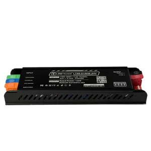 Napajanje LT08 150W spreda, dugo crno kućište sa kosim prorezima na boku i natpisom LT08-0150W-24V
