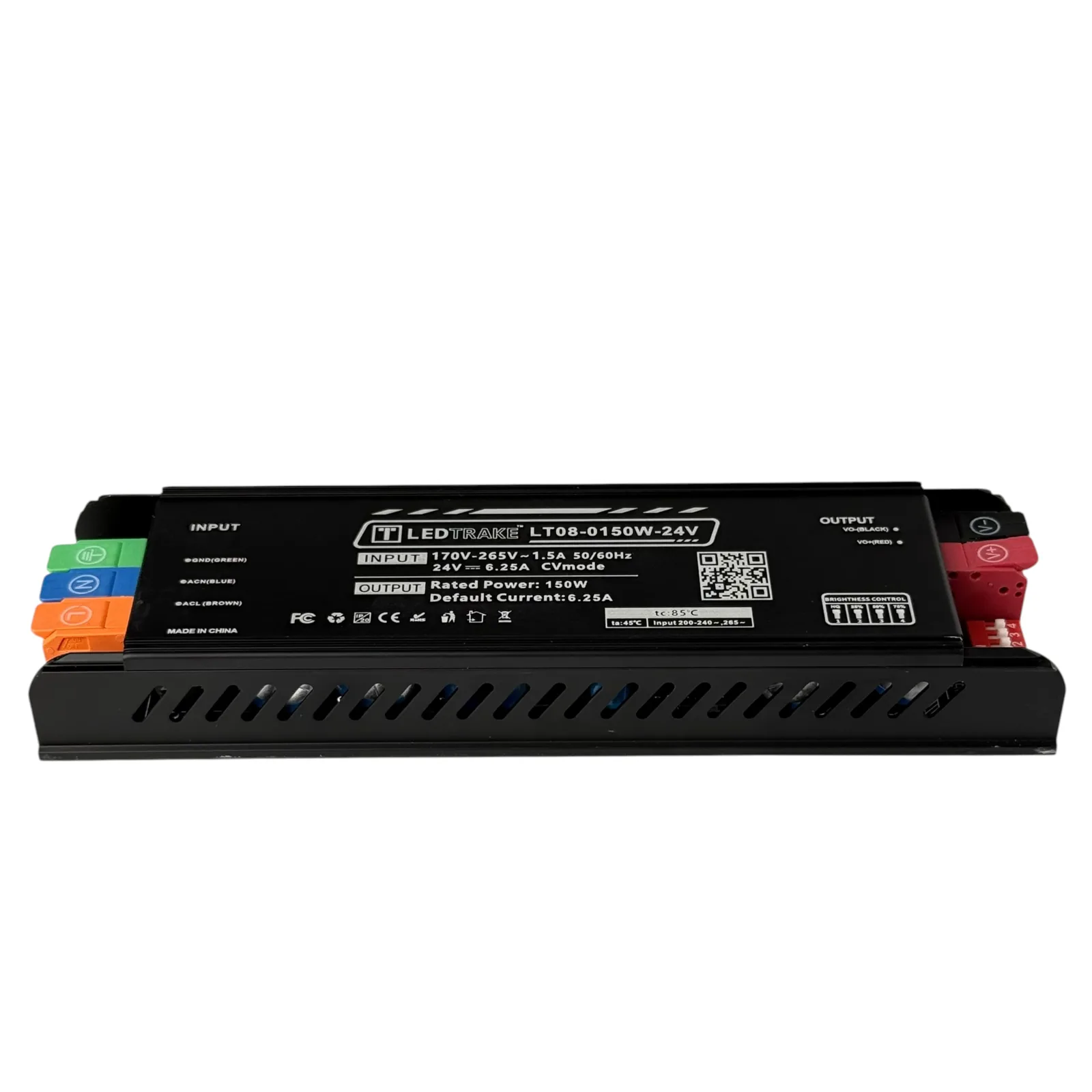Napajanje LT08 150W spreda, dugo crno kućište sa kosim prorezima na boku i natpisom LT08-0150W-24V