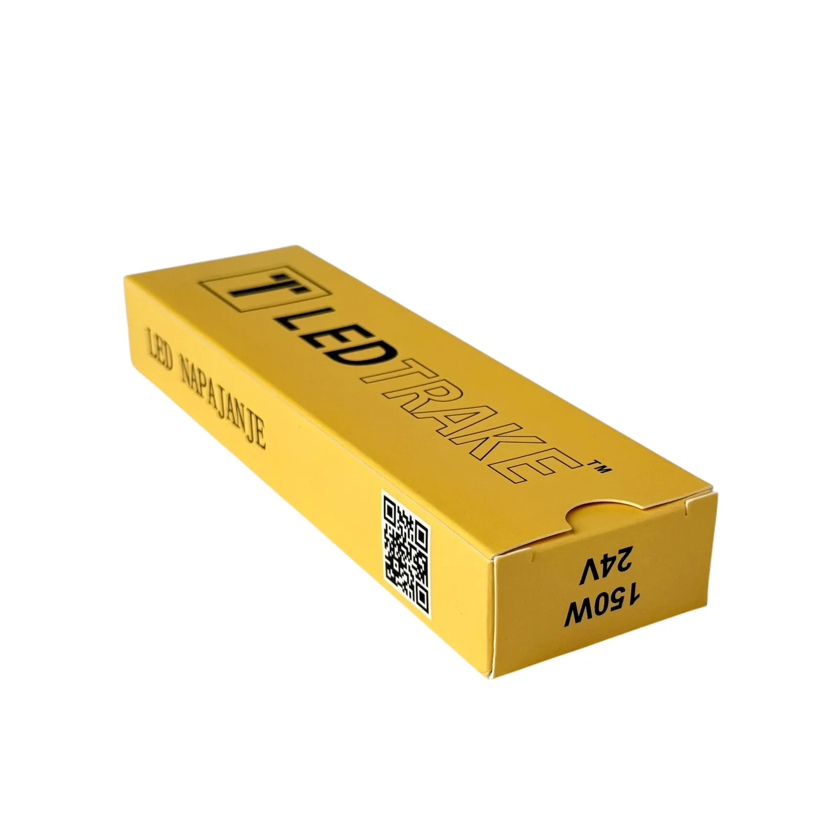 Žuta kutija LEDTRAKE sa bočnim natpisom LED NAPAJANJE, QR nalepnicom i oznakom 150W 24V na čelu