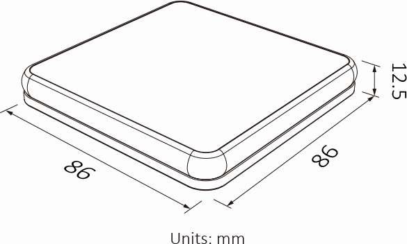 Crtež mera zidnog panela IML PR01 u milimetrima: 86 × 86 mm i visina 12,5 mm