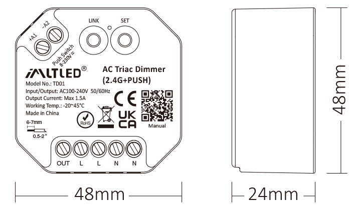 TD01 AC Triac Dimmer (2.4G+PUSH) - Слика 3
